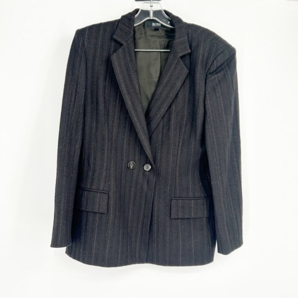 Boss Hugo Boss Charcoal Gray Textured Pin Stripe‎ Wool Blend Blazer Size 10
